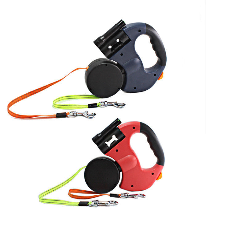 Dual-Headed Pet Leash with Flashlight, Waste Bag Box, and Retractable Rope